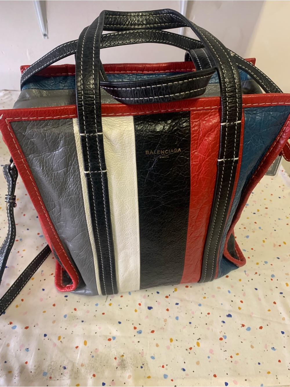 Balenciaga Bazar Shopper Striped Leather Tote Bag Multicolor